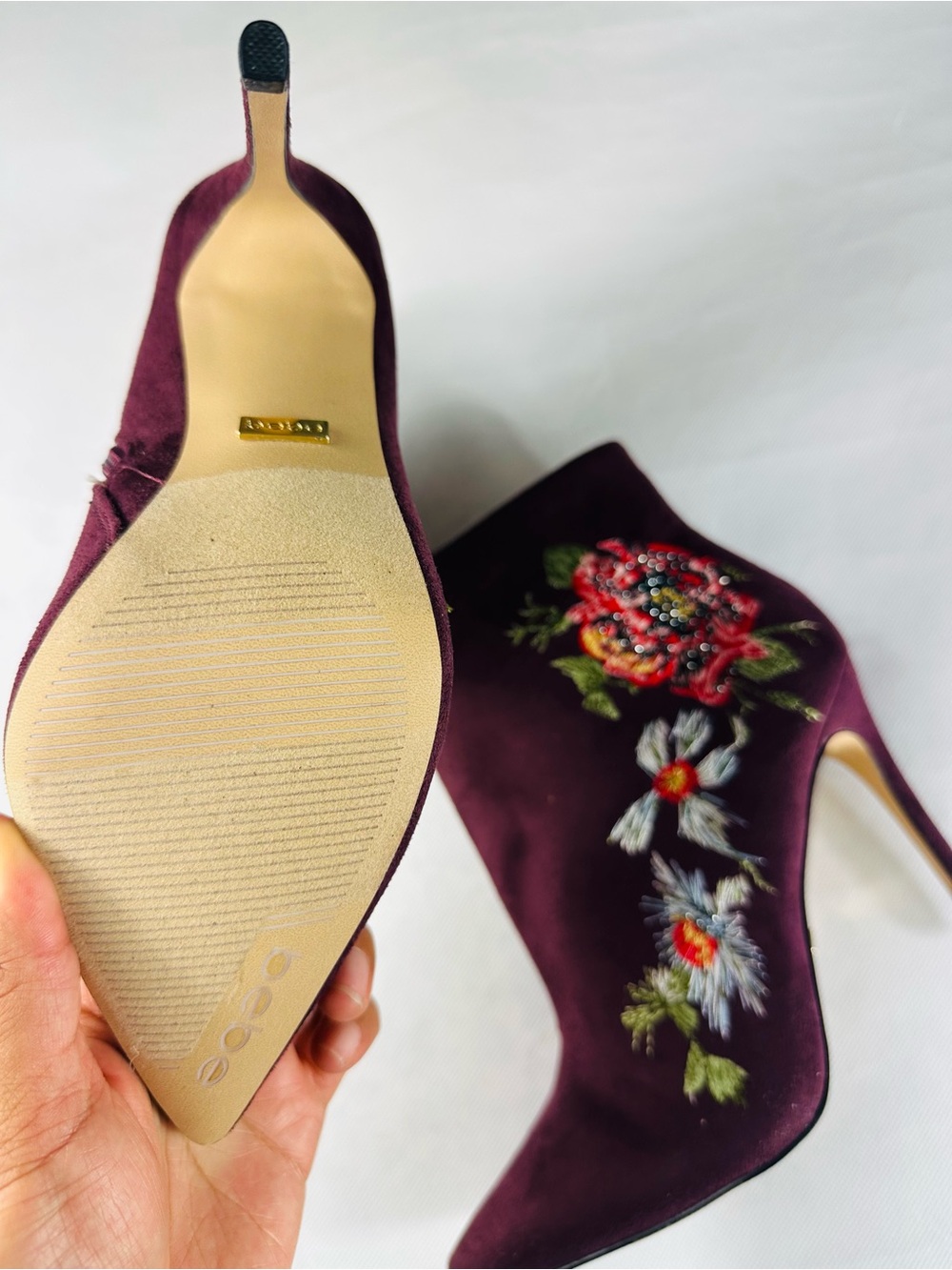 bebe Burgundy Floral Embroidered Pointed-Toe Ankle Booties - Picture 6 of 15